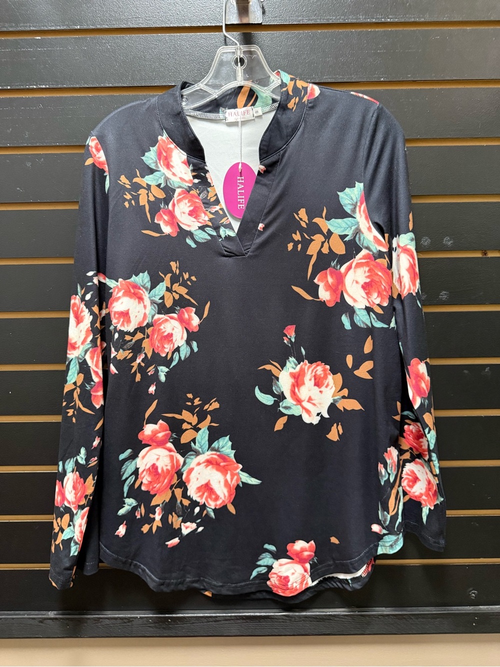 HALIFE Floral V-Neck Long Sleeve Blouse Black Pink Roses Size Small NWT